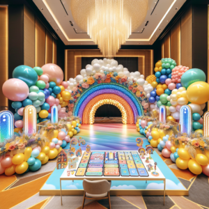 קשת בלונים אלגנטית וצבעונית באולם אירועים, לצד שולחן משחק ומגנטים מעוצבים, באווירה חגיגית שמתאימה לברית או למסיבה משפחתית – עיצוב מקצועי וייחודי ליצירת חוויה בלתי נשכחת לאורחים