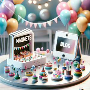 מגנטים מעוצבים בסגנון מודרני מונחים על שולחן חגיגי, עם בלונים צבעוניים ודקורציה של מסיבת ברית ברקע, מתאימים לשימוש לאירועים כמו ברית, בת מצווה ובר מצווה.