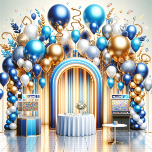 עיצוב בלונים מרהיב לבר מצווה עם קשתות ועמודים צבעוניים לצד שולחן משחק ועמדת מגנטים באירוע מודרני, עיטור בלונים בגווני כחול, לבן וזהב, משדרג את האווירה ומתאים למסיבת בר מצווה מעוצבת ומלאת סטייל.