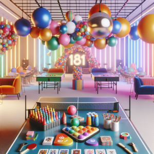 שולחן משחק צבעוני עם אביזרי משחק, בלונים מעוצבים ומגנטים חגיגיים לאירועים – מושלם להפעלה באירועים לילדים כמו בת מצווה, בר מצווה וברית.