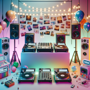 מערך מקצועי של די ג'יי לאירוע קטן, כולל ציוד סאונד איכותי, תאורה צבעונית, בלונים, עמדת מגנטים ושולחנות משחק - אווירה חגיגית שממחישה את חשיבות בחירת הדיג'יי והוספת אטרקציות לאירועים קטנים