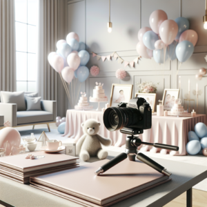 ציוד צילום מקצועי לברית – מצלמה איכותית על חצובה, קישוטים לתינוק כגון בלונים ודובי, אלבומי תמונות מהודרים ותמונות מודפסות על שולחן מעוצב באולם מודרני ומואר, ללא אנשים.