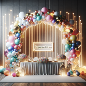 קשת בלונים צבעונית ומעוצבת לאירוע ברית, מקשטת שולחן חגיגי עם שלטים קטנים של 'מזל טוב', בצבעים רכים ובהשראה מודרנית.