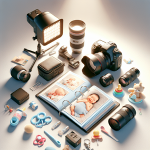 ציוד צילום מקצועי ואלבום תמונות פתוח לצד פריטים הקשורים לברית, כמו מוצץ וצעצוע, להמחשת טיפים לצילום לברית שישדרגו אלבום משפחתי