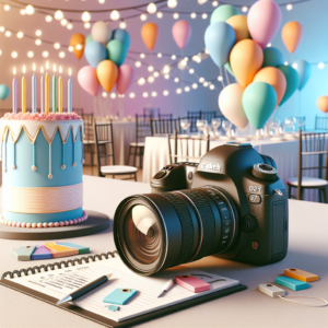 מצלמת DSLR מקצועית ומחברת עם רשימות ליד עוגת בר מצווה ובלונים צבעוניים, מסמלת חיפוש צלם לבר מצווה בזול מבלי להתפשר על איכות השירות