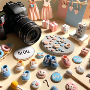 מגנטים מעוצבים לאירוע ברית מונחים על שולחן לצד קישוטי תינוקות, מצלמת DSLR מקצועית ואביזרי צילום, ברקע חגיגי – מייצג שירות צלם מגנטים לברית לאירוע בלתי נשכח