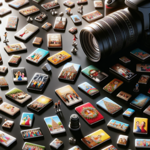 מגנטים מעוצבים באיכות גבוהה מונחים על לוח תצוגה באירוע ברית, עם פרטי צילום כמו מצלמה מקצועית ואביזרי צילום, מסמלים צילום מגנטים לברית.