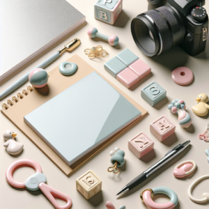 מגנטים בעיצוב עדכני עם אלמנטים של תינוקות, מצלמה מקצועית ואביזרי ברית - תמונה שממחישה את בחירת מגנטים לברית וצילום מקצועי לאירוע.