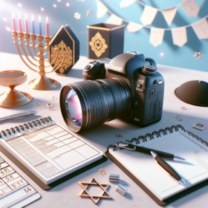 ציוד צילום מקצועי, מצלמה איכותית וקלף תורה דקורטיבי מסודרים יחד, מסמלים הכנה לצילום עליה לתורה. רקע בהיר ומודרני, מתאים למאמר על בחירת צלם לעליה לתורה.