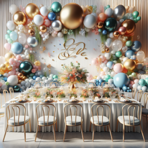 עיצוב שולחן מקווה עם מרכז שולחן מרשים, קיר בלונים מזמור לתודה, וקישוטים חגיגיים שנבחרו בקפידה לאירוע ערב מקווה מרגש ויוקרתי