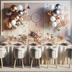 עיצוב מקצועי של שולחן וקיר במקווה עם בלונים, כלים מעוצבים, נרות ופרחים, באווירה חגיגית ומודרנית – מתאים לערב מקווה מסוגנן.