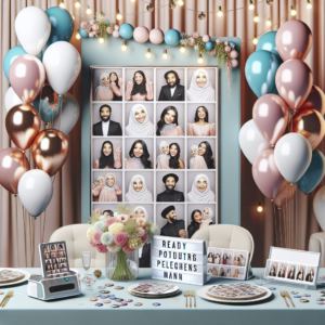 שולחן חגיגי לאירוע ברית עם מגנטים מעוצבים, בלונים צבעוניים ועמדת צילום מקצועית, המשדרים אווירה יוקרתית ומתאימה לאירוע ברית.