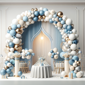 סידור בלונים ייחודי לאולם אירועים בברית מילה, כולל בלונים בצבעי תכלת, לבן וזהב, קשתות בלונים, מגנטים מעוצבים ומצלמת צילום מקצועית, הממחישים עיצוב בלונים לברית מילה, מגנטים לברית וצלם מגנטים לברית.