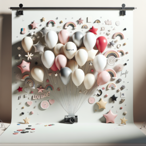 סידור בלונים צבעוני ומקושט לברית, עם קשת בלונים, שלטים קטנים וקישוטים חגיגיים, לצד אביזרי צילום מגנטים. תמונה מעוצבת ומודרנית המדגישה עיצוב בלונים לברית בזול.